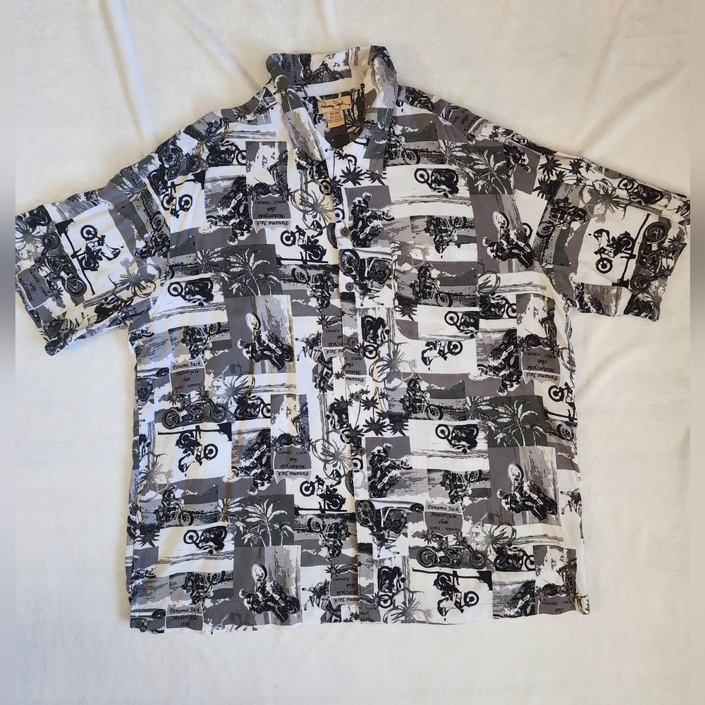 Panama Jack Motorcycle Club Maui Hawaii Mens Button Down Shirt 2XL Grey & White
